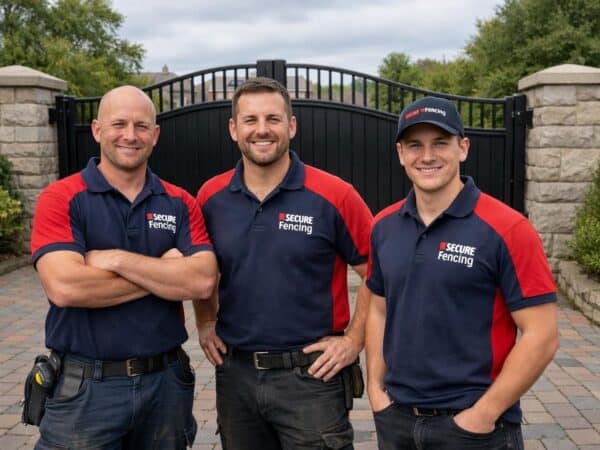 Barriers & Gates Direct installation team standing in front of newly fitted automated gates