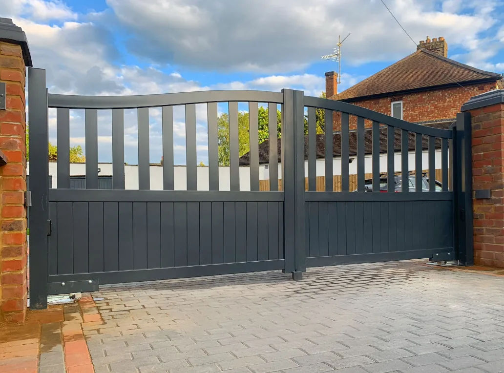 Double Swing Gate With Bell Curved Top And Partial Mixed Infill