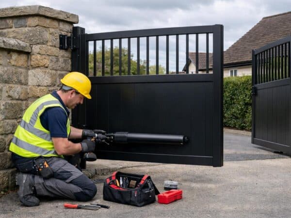 Tradesperson installing an automated swing gate at a UK residential property