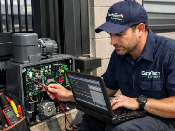 Technician servicing an automated gate motor and control board at a commercial property