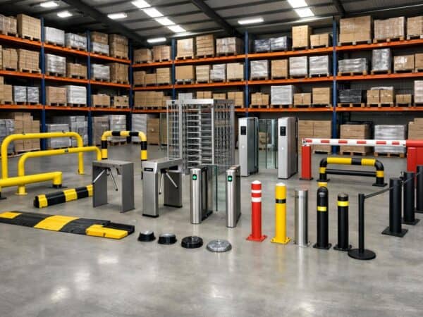 Showroom interior displaying barriers, bollards and security gates in stock